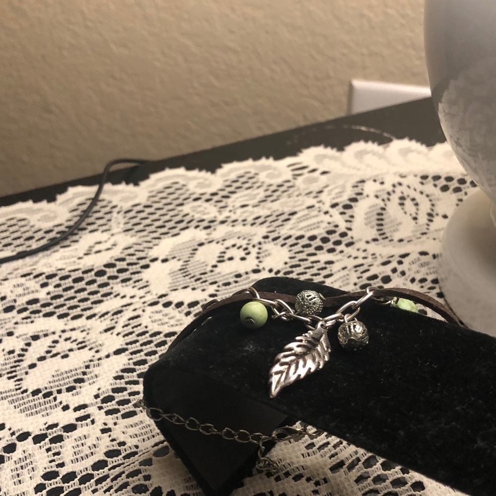 Silver Leaf Charm Bracelet with Green Beads